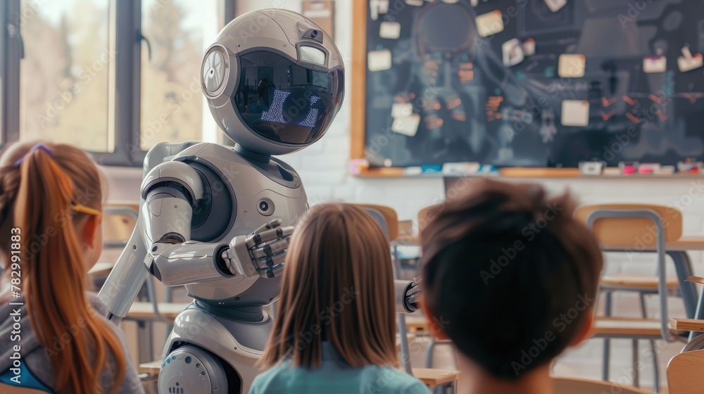AI Content Generation. Children learn from AI-powered robot in a modern classroom. Tech elevates education