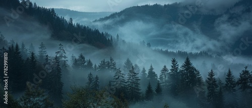 Amazing mystical rising fog dust forest woods trees landscape panorama banner © Corri Seizinger