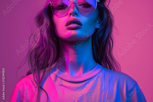 young girl in glasses in a studio with purple lights