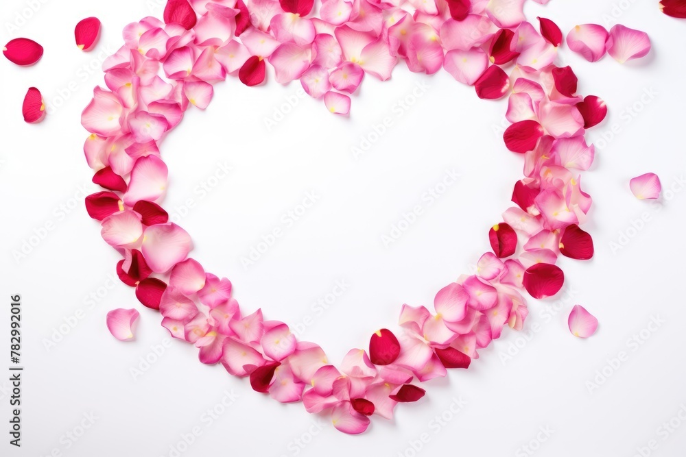 Delicate rose petals forming a heart shape on a white background, a romantic gesture of love. Rose Petal Heart Shape on White Background
