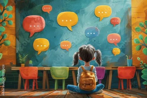child in classroom with speech bubbles and creative atmosphere