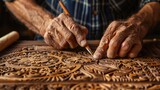 Close up hands of elderly woodcarver at work, handcrafting with wood, beautiful ornament
