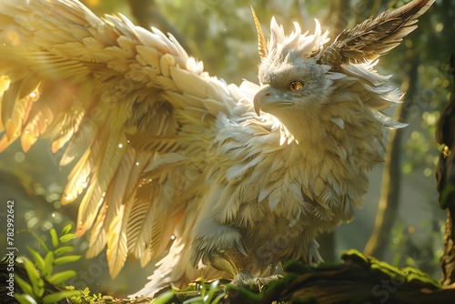 Immerse viewers in a world of intrigue and fantasy with a detailed birds-eye view of mythical griffins and unicorns inhabiting a mystical VR universe, flawlessly rendered in photorealistic style photo