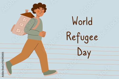 Child with backpacks that look like a house. Refugee abandone home and look for a safe place to live. Social crisis idea. World Refugee Day banner.