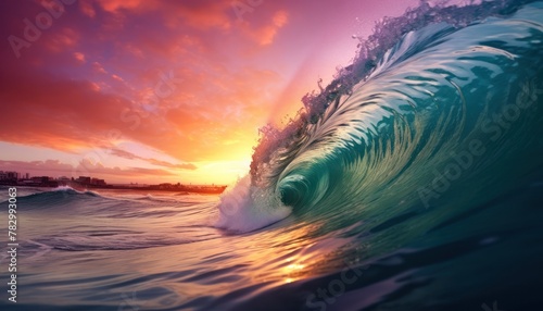 Beautiful sunset reflection on the wave. Powerful storm surge before gurgling and foaming, ocean wave panoramic background photo