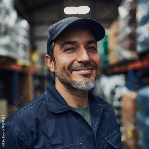 A portrait of a janitor in a work uniform, smiling, facing forward. In the background are warehouses, studio lighting. Soft light, daytime, realistic image, real life, social media, publication, high 