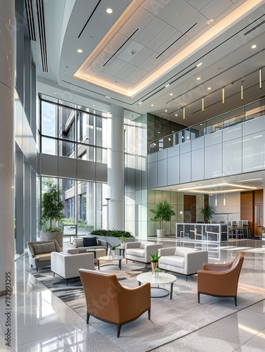 An interior shot of a spacious lobby inside a modern office building  featuring sleek design elements and comfortable seating areas. 