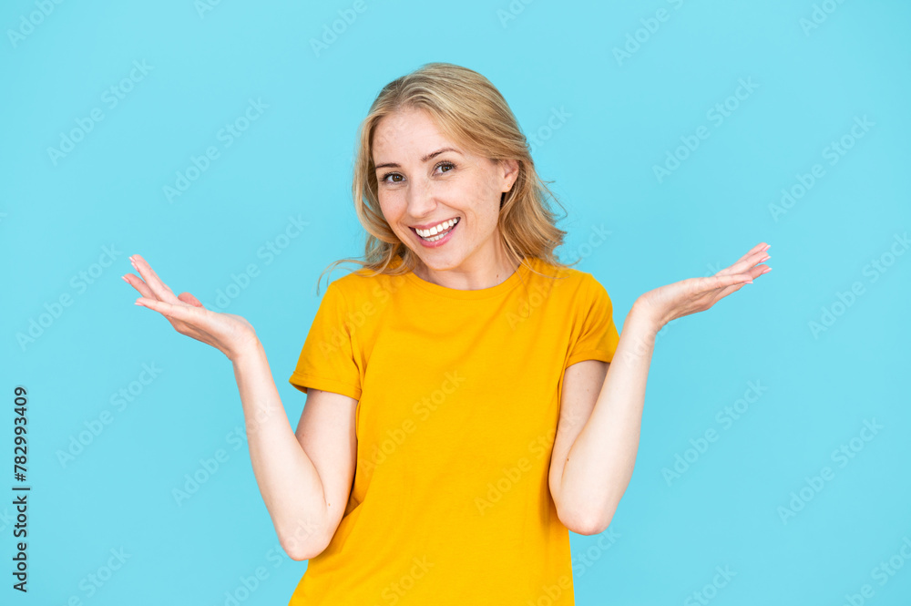 Smiling woman hold hands aside compare two options Smiling woman hold hands aside compare two options