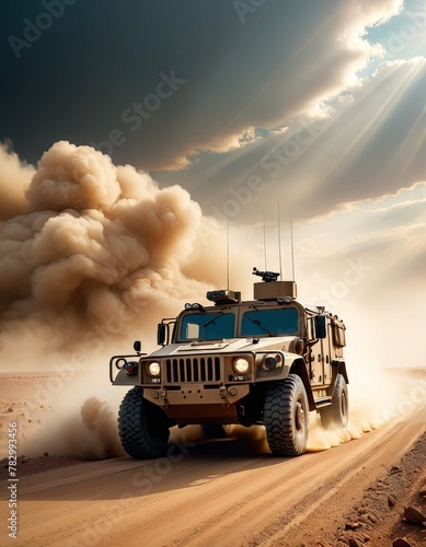 A military armored vehicle speeding through a desert landscape, leaving a trail of dust under a dramatic sky. AI Generation © Anastasiia