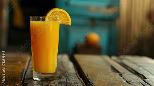 Still Life Glass of Fresh Orange Juice on Vintage Wood Table with