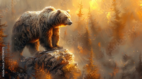 Wild Bear Captured in its Natural Habitat. Bear Standing Proudly on Rocky Cliff, Bathed in Soft Morning Light. photo