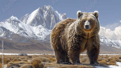 Wild Bear Captured in its Natural Habitat. Himalayan Brown Bear Roaming Alpine Plateau.