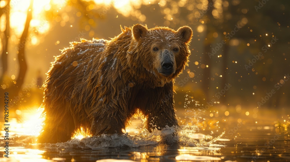 Wild Bear Captured in its Natural Habitat. Bear near the river at sunset. - obrazy, fototapety, plakaty 