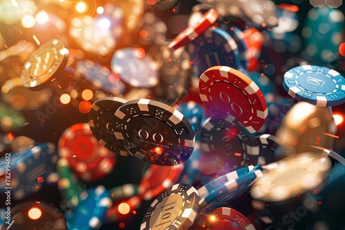 Artistic poker chips soar like Christmas ornaments in the air
