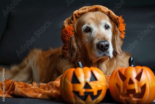 A carnivore dog in a Halloween costume rests beside winter squash and pumpkins