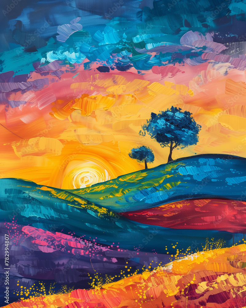 Oil painting bright landscape mountains field trees, landscape print, rich colors