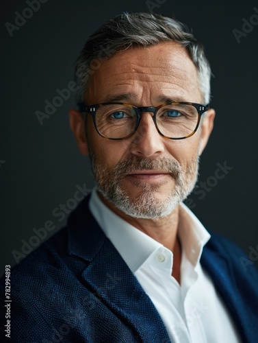 A close-up portrait of a businessman in glasses, exuding professionalism and confidence. 