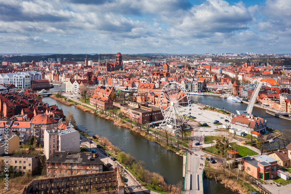 Aerial landscape of the Main Town of Gdansk by the Motlawa river, Poland.