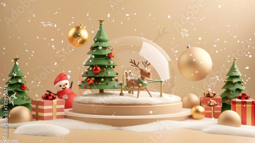 Snow covered podium decorated with reindeer sleighs, Christmas trees, gifts and snowman on beige background.