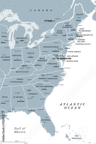 East Coast of the United States, gray political map. Also Eastern Seaboard, Atlantic Coast, and Atlantic Seaboard. The Region and coastline where the Eastern United States meets the Atlantic Ocean. 