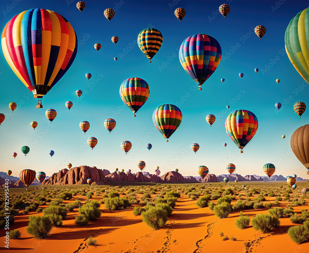 Obraz premium A group of hot air balloons flying over a desert landscape.