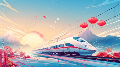 Chinese New Year holiday travel rush illustrated in high speed train with a calendar and text:Buy your tickets for Chinese New Year travel. Get your tickets now.