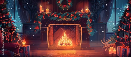 In a cozy room, a fireplace is adorned with Christmas decor like candles, garlands, wreath, and a deer head.