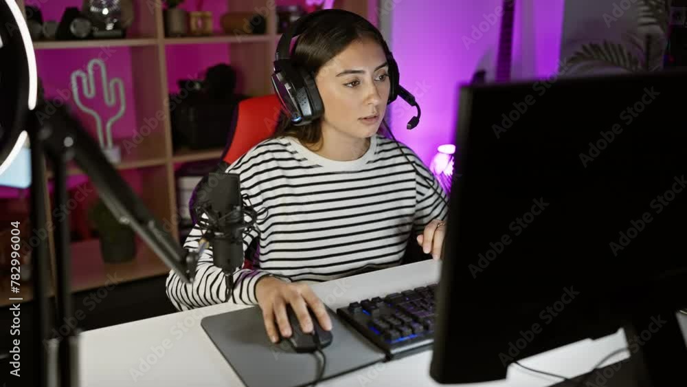 A focused hispanic woman with headphones uses a computer in a dark gaming room at night. A focused hispanic woman with headphones uses a computer in a dark gaming room at night.