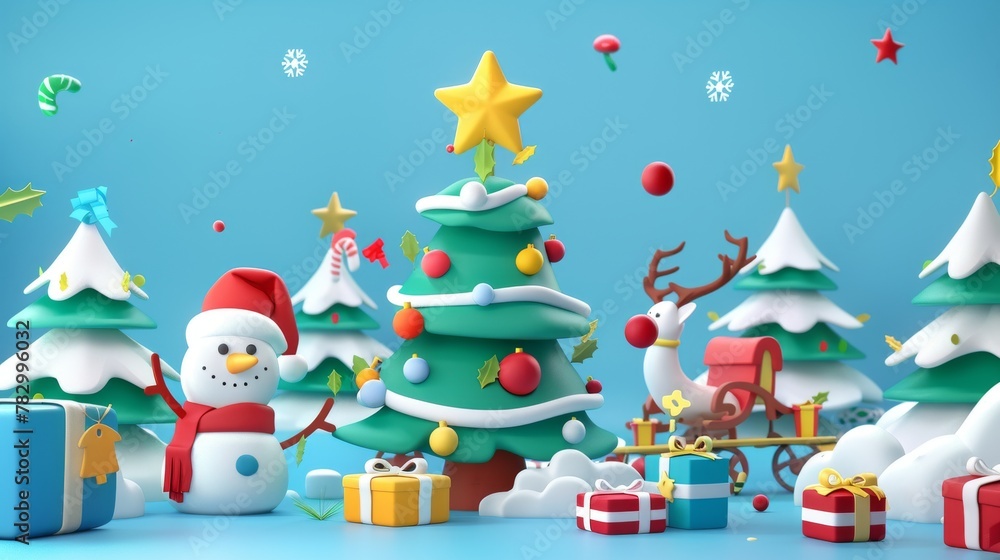 An illustrated Christmas poster of a Christmas tree surrounded by gifts, a snowman, reindeer, sleigh, and more gifts. An illustrated Christmas poster of a Christmas tree surrounded by gifts, a snowman, reindeer, sleigh, and more gifts.