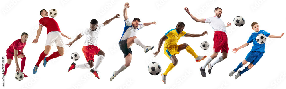 Collage. Young male athletes, football, soccer players in motion with ball isolated on transparent background. Concept of professional sport, competition, tournament, active lifestyle