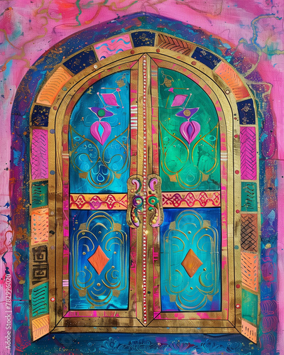 Painting of a stained glass Moroccan door on a pink background, abstract door, bright print
