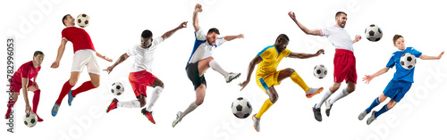 Collage. Young male athletes, football, soccer players in motion with ball isolated on transparent background. Concept of professional sport, competition, tournament, active lifestyle photo