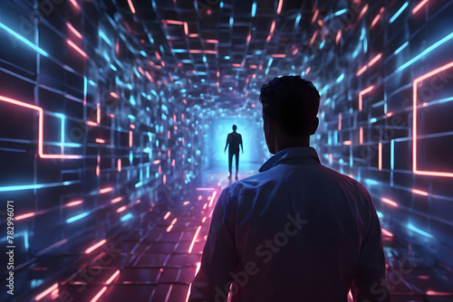 A man meets his digital self in a neon maze, symbolizing the struggle of navigating this new reality. A visual metaphor for digital era’s challenges. photo