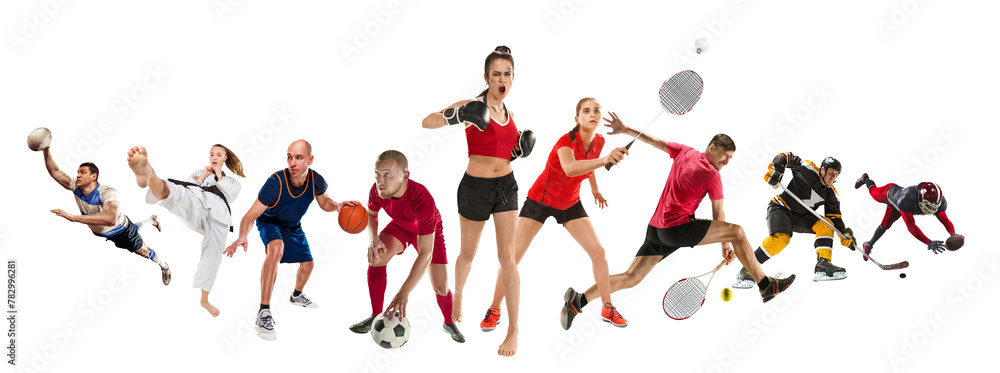Sport collage about kickboxing, soccer, American football, basketball, ice hockey, badminton, taekwondo, tennis, rugby players. Fit men and women training. Concept of professional sport, competition - obrazy, fototapety, plakaty 