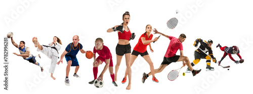 Sport collage about kickboxing, soccer, American football, basketball, ice hockey, badminton, taekwondo, tennis, rugby players. Fit men and women training. Concept of professional sport, competition