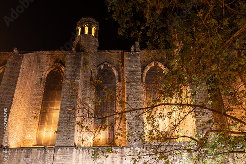 Barcelona, Spain: facade of Santa Maria del Pi at night, Barri Gotic district photo