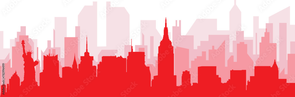 Red panoramic city skyline poster with reddish misty transparent background buildings of NEW YORK, UNITED STATES