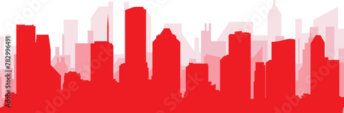 Red panoramic city skyline poster with reddish misty transparent background buildings of HOUSTON  UNITED STATES