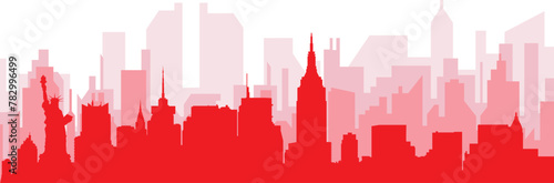 Red panoramic city skyline poster with reddish misty transparent background buildings of NEW YORK  UNITED STATES