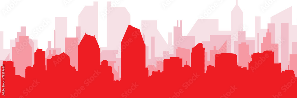Red panoramic city skyline poster with reddish misty transparent background buildings of SAN DIEGO, UNITED STATES