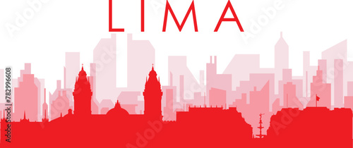 Red panoramic city skyline poster with reddish misty transparent background buildings of LIMA, PERU