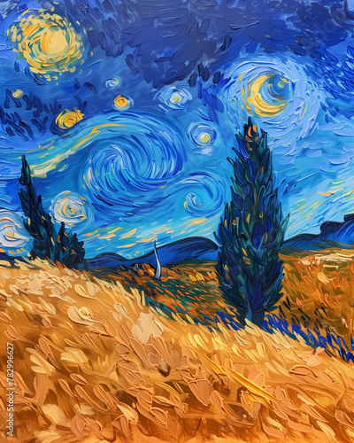 Oil night landscape in Van Gogh style, night panorama, night field, rural landscape, field acrylic painting