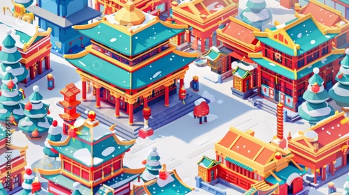 Shopping banner depicting an illustrated isometric shopping street mixed with ancient Chinese architecture  modern stores  and gift boxes. Text reads  Chinese New Year shopping spree.