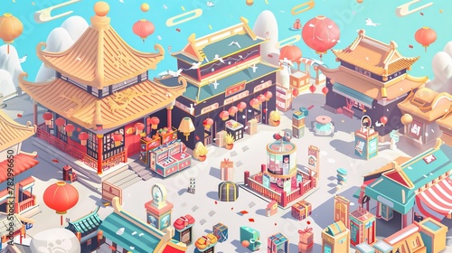 Chinese new year shopping promotion banner. Illustration of an isometric street mixed with ancient Chinese architecture and modern stores. The text reads: "New year shopping spree."