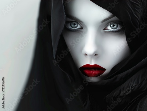 Gothic movementinspired figure with big lips and eyes, surrounded by darkness, against a stark white background, ,  photo