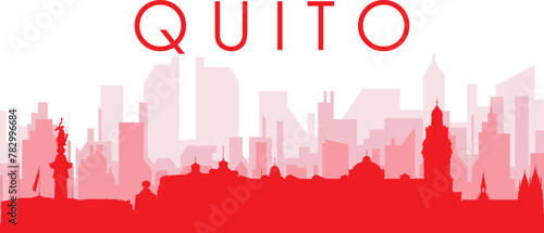 Red panoramic city skyline poster with reddish misty transparent background buildings of QUITO, ECUADOR