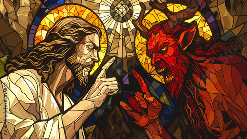 Colorful stained glass illustration of Jesus Christ  vs Satan lucifer the devil