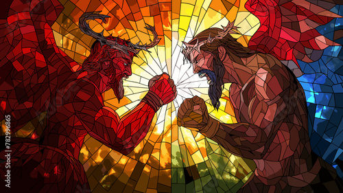 Colorful stained glass illustration of Jesus Christ  vs Satan lucifer the devil