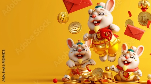The banner shows a rabbit doing the lion dance on a floating red envelope and another holding a sycee on a coin. Red and yellow envelopes and coins flying in the back on a yellow background. Text 