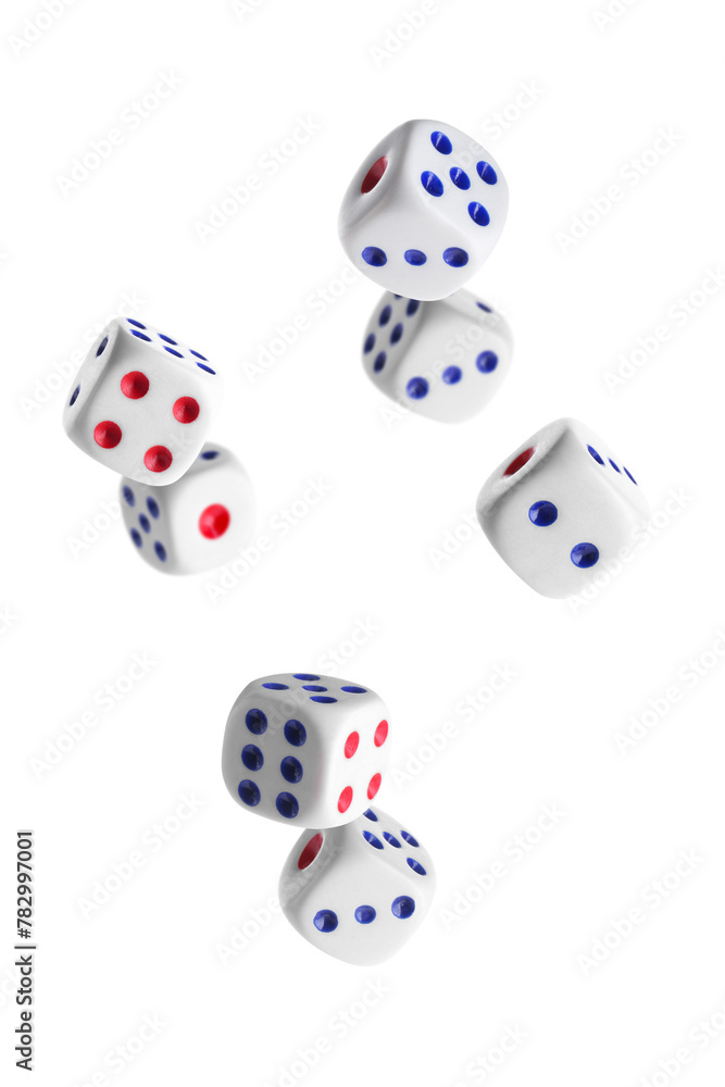 Seven dice in air on white background Seven dice in air on white background